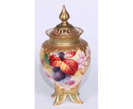 A Royal Worcester ovoid pot pourri vase and cover  . painted by Kitty Blake, signed, with ripe berries and autumn leaves, pie