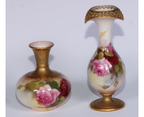 A Royal Worcester pedestal ovoid  vase, reticulated neck,  painted with roses, 15cm high, printed crown and circle mark, date