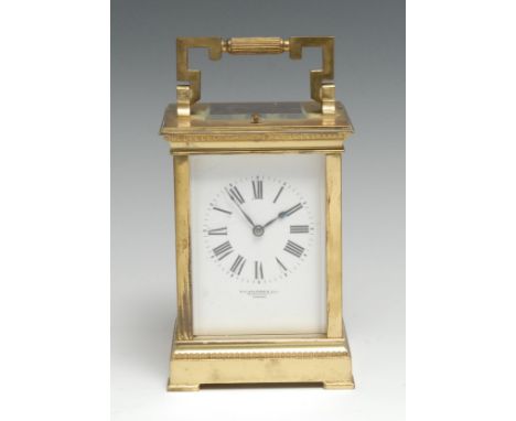 A 19th century lacquered brass repeating carriage clock, 7cm rectangular enamel dial inscribed R.H. Halford &amp; Son, London