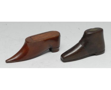 Folk Art - a 19th century novelty mahogany snuff box, as a shoe, sliding cover, 10cm long; another, similar, [2] 