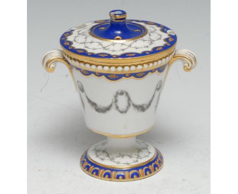 A Chelsea Derby two-handled tapering cylindrical pastel burner and cover, decorated in monochrome with swags, cobalt blue rim