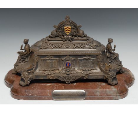 A sculptural Victorian silver, silver-gilt and enamel freedom casket, of Welsh interest, hinged cover crested by the coat of 