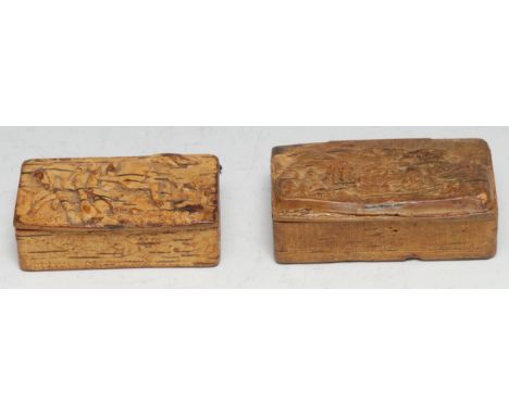 A 19th century pressed birch bark rectangular snuff box, hinged cover with a battle scene, a cavalryman falling from his hors