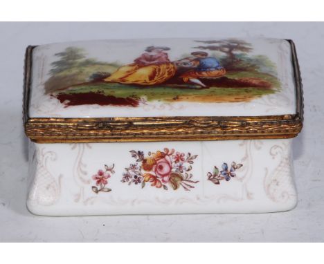 A George III South Staffordshire enamel table snuff box, hinged cover painted in polychrome with a courting couple, the sides