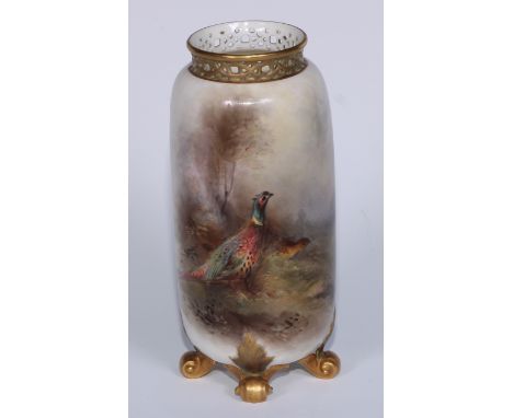 A Royal Worcester ovoid  vase, pierced rim, painted by Jas Stinton, signed,  with a brace of pheasants, date cm high, printed