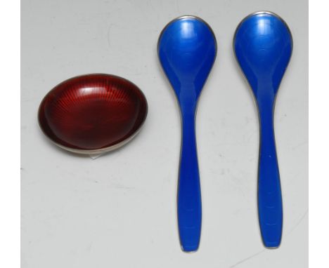 A pair of Norwegian silver and blue guilloche enamel spoons, 15cm long, Jacob Tostrup, Oslo; a Norweigian silver and red enam