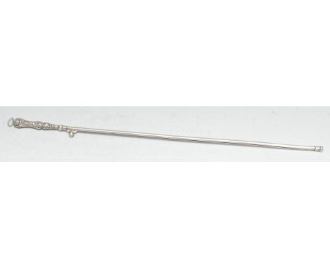 Judaica - an Edwardian silver Jewish Shabbat candle lighter, the handle embossed with scrolling foliage, 38cm long, Birmingha