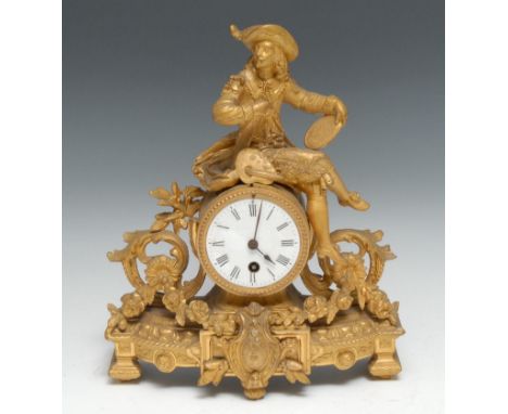 A 19th century French gilt metal figural timepiece, 7.5cm enamel clock dial with Roman numerals, eight-day movement, the case