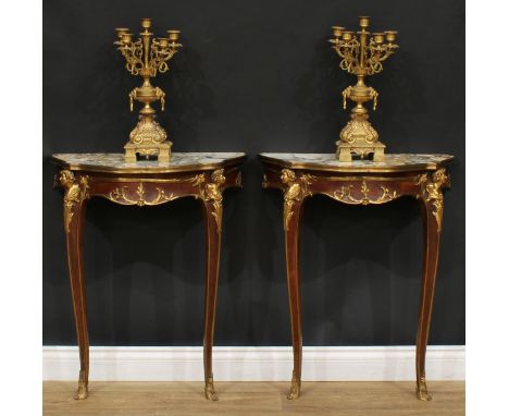 A pair of Louis XV style gilt metal mounted mahogany console tables, of small proportions, each with breccia marble top above