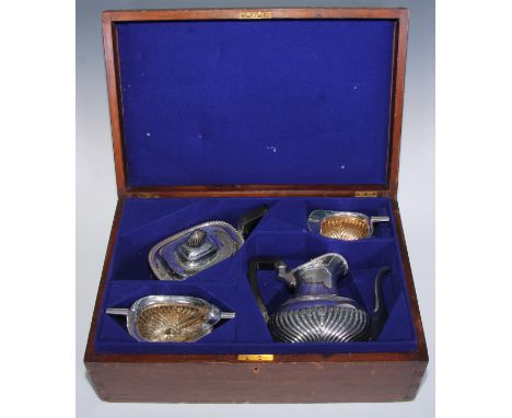 A silver four piece half fluted boat shaped tea service, fluted ebonised button finial, angular handle, gadrooned border, 20c