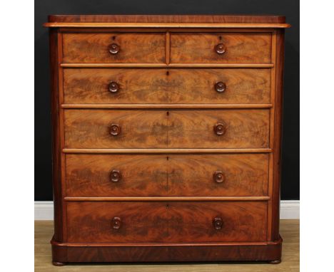 A Victorian mahogany chest, caddy top above two short and four long graduated drawers, turned handles, shallow bun feet, 127.