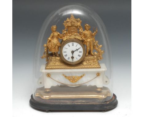 A 19th century French gilt metal and alabaster mantel timepiece, 7.5cm enamel clock dial inscribed with Roman numerals, singl