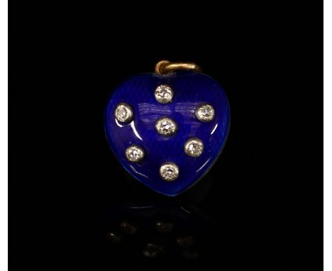 A gold and blue guilloche enamel love heart pendant, illusion set with an arrangement of seven diamonds, suspension loop, 2cm