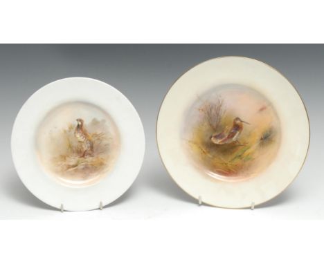 A Royal Worcester plate, painted by James Stinton, signed, Snipe, 23cm diam, printed mark in puce; another, smaller, Red Legg