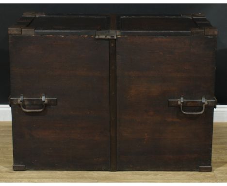 A substantial 19th century metal-bound oak country house silver chest, carry handles to sides, the cover bearing hand-typed m