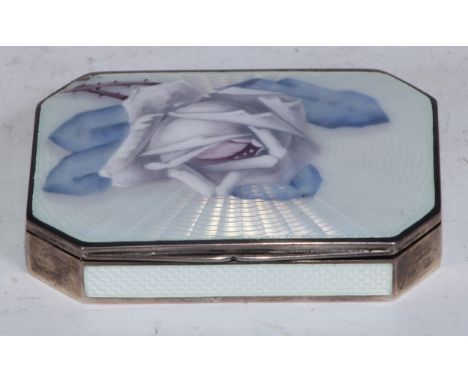 A German silver and guilloche enamel canted rectangular snuff box, hinged cover painted with a rose, gilt interior, 8.5cm wid