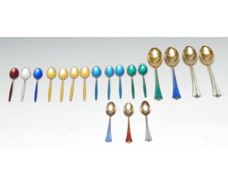 David Andersen - a set of four Norwegian silver-gilt and enamel dessert spoons, 14.5cm long; coffee spoons, various, silmilar