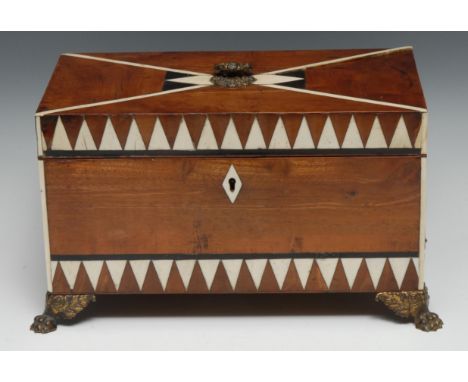 An early 19th century Colonial hardwood and parquetry rectangular tea caddy, probably Anglo-Indian, inlaid with bands of chev