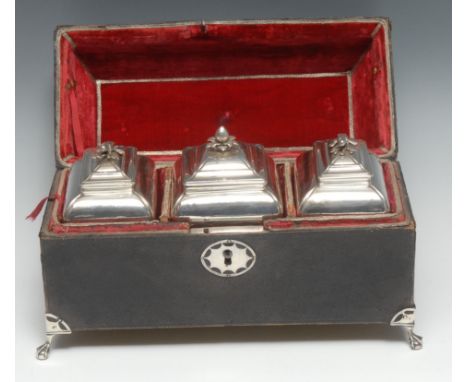 A set of three George II silver rectangular bombe shaped tea caddies, bird and fruit finials, shell feet, the central caddy 1