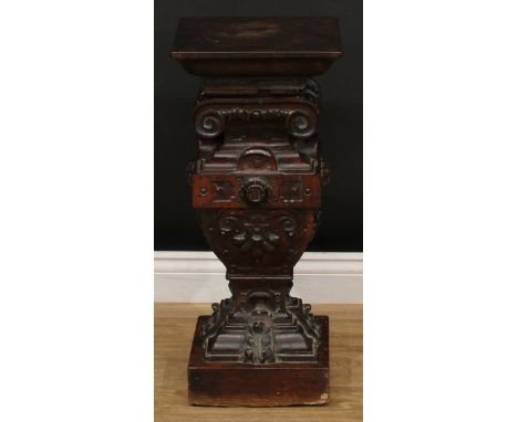 An architectural oak statuary pedestal, Ionic capital, 68cm high, the top 30cm square 