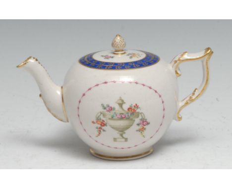 A Chelsea Derby cabaret teapot and cover, painted with monochrome urn, with polychrome flower garland, within pink husk circu