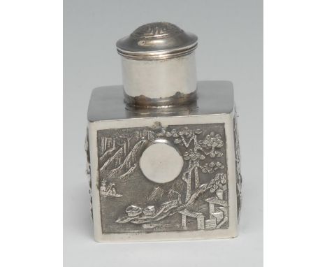 A Chinese silver square tea caddy, chased with a monumental landscape and the Three Friends of Winter, push-fitting cover, 7.