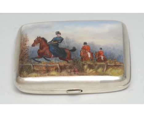 A Victorian silver and enamel rounded rectangular cigarette case, the hinged cover decorated in polychrome with a hunting sce