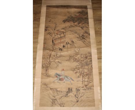 Chinese School, Wen Gu, a scroll,  ink and colour,  painted with a landscape, pagodas and horse rider, 150cm x  63cm 