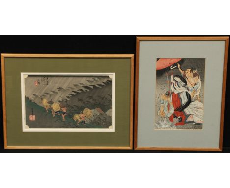 Hiroshige Wood Block print, Travelllers Surprised by Sudden Rain, signed;  another Hokusai Katsushika, Prayers for Rain (2) 