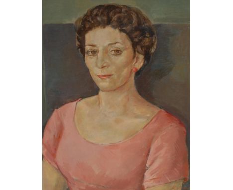 Jacob Kramer (1892 - 1962) Portrait of a Lady, head-and-shoulders length, wearing a pink dress and earringssigned, oil on can