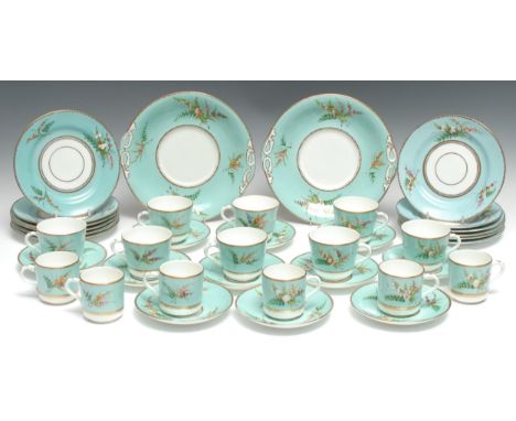 A 19th century English porcelain tea and coffee service, comprising eight teacups, six coffee cans, saucers, tea plates, and 