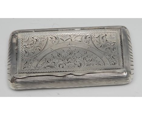 A Dutch silver curved rounded rectangular snuff box, the hinged cover bright-cut engraved with scrolling foliage, reeded base