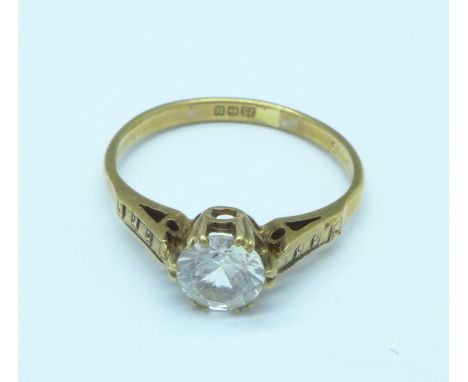 A yellow metal and cubic zirconia solitaire ring, 1.4g, K