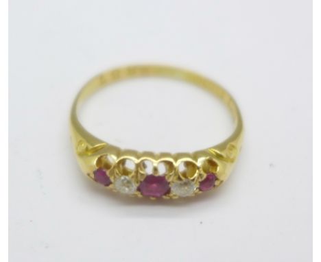 An 18ct gold, ruby and diamond five stone ring, 2.7g, M