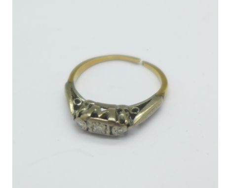 A yellow and white metal, three stone diamond ring, a/f, 1.9g