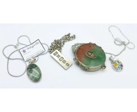 A jade and white metal pendant, a silver and stone set pendant, a silver ingot and chain and one other silver pendant and cha