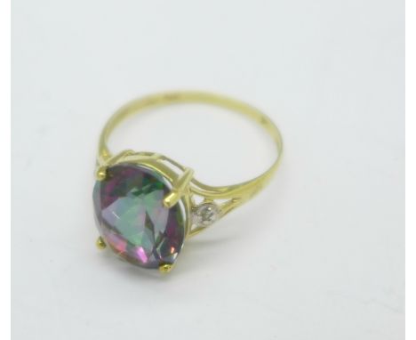 A 9ct gold, mystic topaz and diamond ring, 1.6g, N