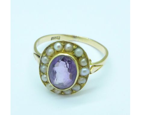 A 15ct gold, amethyst and seed pearl ring, 2.2g, M