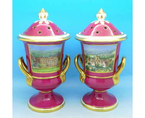 A pair of Spode limited edition lidded vases, Haddon Hall and Chatsworth House, 19cm, hand painted by Pickin