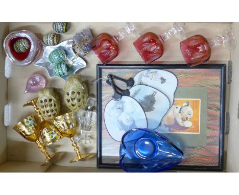 A box of assorted glassware including gilt, two carved stone elephant figures, three oriental fans, framed print, scent bottl