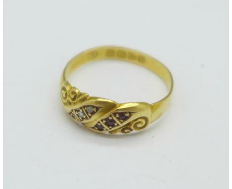 A Victorian 18ct gold, ruby and diamond ring, Chester 1896, 1.8g, N