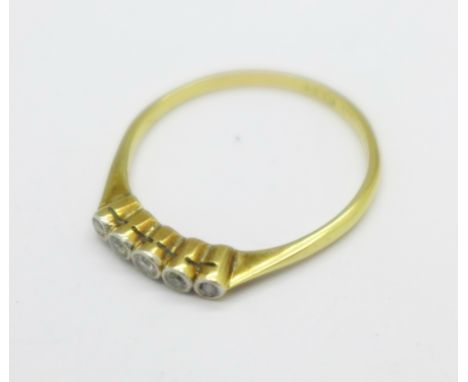 An 18ct gold, five stone diamond ring, 2g, R