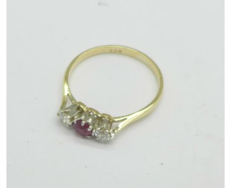 A 9ct gold, ruby and diamond three stone ring, 1.6g, O