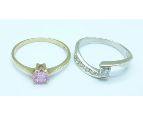 Two 9ct gold and cubic zirconia rings, 3.8g, M and P