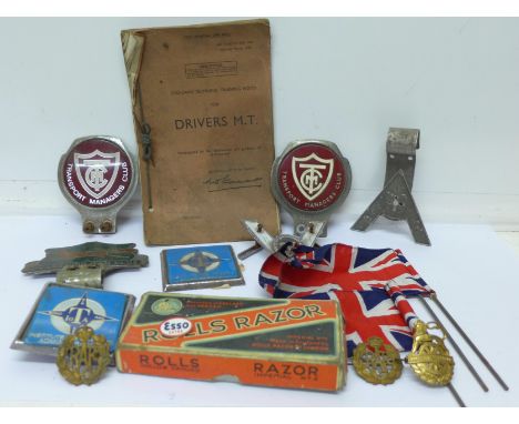 A collection of vintage car badges; Transport Managers Club, Charnwood Car Club, Institute of Traffic Administration, etc.