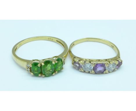 A 9ct gold, cubic zirconia and amethyst ring and a 9ct gold, green and white stone ring, total weight 3.2g, M and P