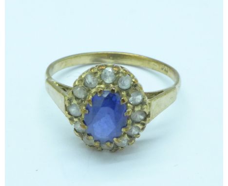 A 9ct gold, blue and white stone cluster ring, 2g, N