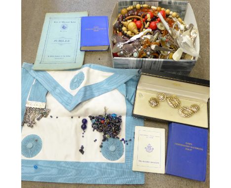 Costume jewellery and souvenir spoons, two Masonic books and a sash
