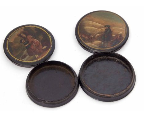Mixed Lot: comprising two various 19th century papier mache black finished snuff boxes, each with pull off covers with overpa