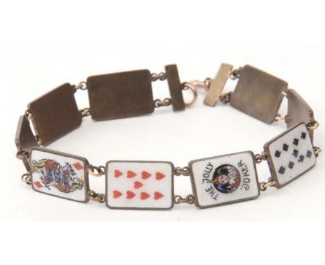 Vintage gilt metal and glass enamelled "playing card" bracelet, the rectangular shaped links include two Aces, one Jolly Joke